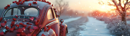 Red decorated vintage car in motion carrying Valentine's hearts in a winter countryside with snow cover in sunset backlight. Horizontal, banner.の素材