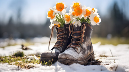 Boots with spring flowers on a meadow with grass growing through the melting snow. Concept of spring coming, winter leaving and gardening.の素材