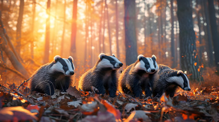 Badgers standing in the forest in the evening with setting sun shining. Group of wild animals in nature.の素材