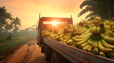 Cargo truck carrying banana fruit in a plantation with sunset. Concept of food production, transportation, cargo and shipping.の素材