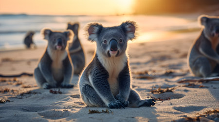 Koala bears in the sea coastal region with setting sun shining. Group of wild animals in nature.の素材