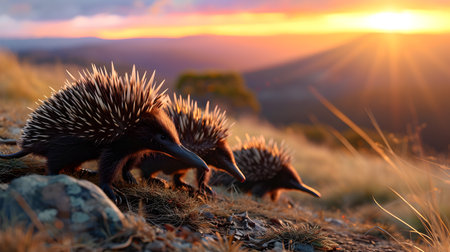 Echidna in the mountainous countryside with setting sun shining. Group of wild animals in nature.の素材