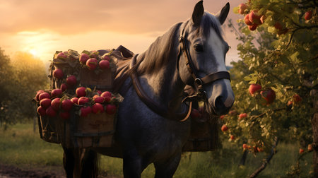 Pack horse carrying apples in an orchard with sunset. Concept of food transportation, logistics and cargo.の素材