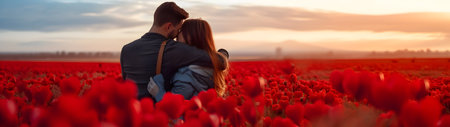 Young couple in embrace walking in a field full of red hearts. Concept of Valentine's day, love and happiness. Horizontal, banner.の素材