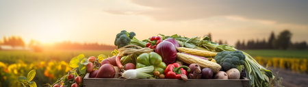 Various kinds of vegetables harvested in a wooden box in a field with sunset. Natural organic fruit abundance. Agriculture, healthy and natural food concept. Horizontal composition, banner.の素材