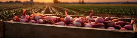 Red onions harvested in a wooden box with field and sunset in the background. Natural organic fruit abundance. Agriculture, healthy and natural food concept. Horizontal composition, banner.の素材
