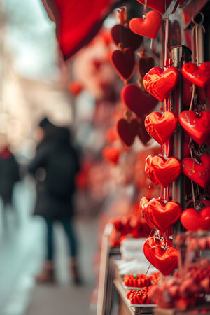 Valentine stand in the street full of red hearts. Concept of Valentine's day, love, shopping and sale.の素材