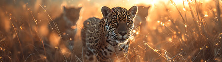 Jaguars standing in the savanna with setting sun shining. Group of wild animals in nature. Horizontal, banner.の素材