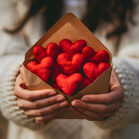 Woman holding letter full of red hearts in her hands. Concept of Valentine's day, love and surprise.の素材