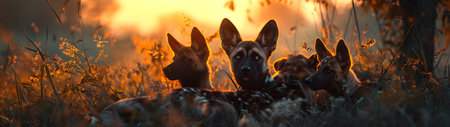 Wild dogs standing in the forest with setting sun shining. Group of wild animals in nature. Horizontal, banner.の素材