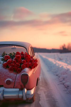 Red rose decorated vintage car in motion in a winter countryside with snow cover in sunset backlight.の素材