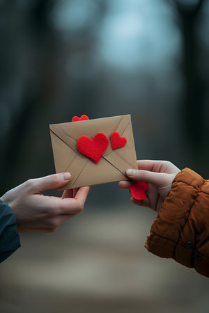 Hand holding letter full of red hearts giving it to another hand. Concept of Valentine's day, love, present, giving and surprise.の素材