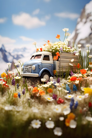Vintage truck with spring flowers on a meadow with grass and flowers growing through the melting snow. Concept of spring coming and winter leaving.の素材