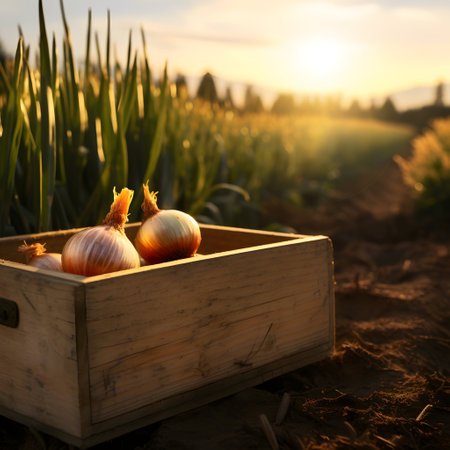 Yellow onions harvested in a wooden box with field and sunset in the background. Natural organic fruit abundance. Agriculture, healthy and natural food concept. Square composition.の素材