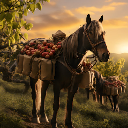 Pack horse carrying apples in an orchard with sunset. Concept of food transportation, logistics and cargo.の素材