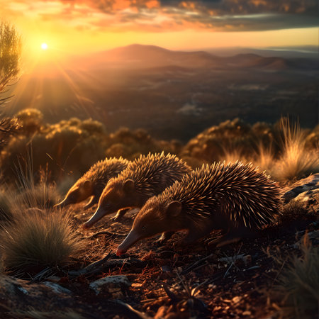 Echidna in the mountainous countryside with setting sun shining. Group of wild animals in nature.の素材