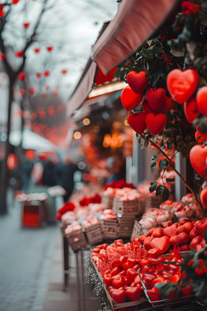 Valentine stand in the street full of red hearts. Concept of Valentine's day, love, shopping and sale.の素材