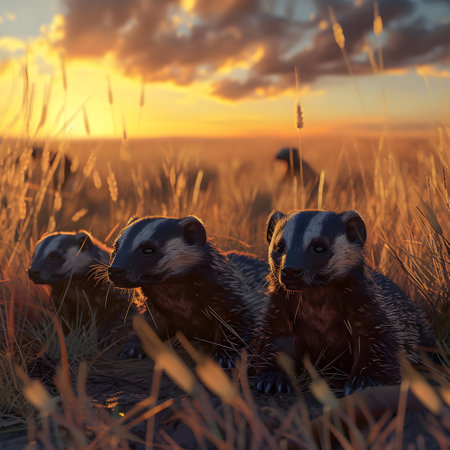 Honey badgers in the savanna in the evening with setting sun shining. Group of wild animals in nature.の素材