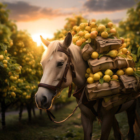 Pack horse carrying apples in an orchard with sunset. Concept of food transportation, logistics and cargo.の素材