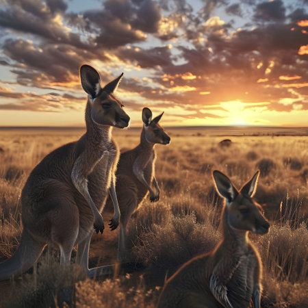 Kangaroo standing in the savanna with setting sun shining. Group of wild animals in nature.の素材