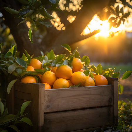 Oranges harvested in a wooden box with orchard and sunshine in the background. Natural organic fruit abundance. Agriculture, healthy and natural food concept. Square composition.の素材