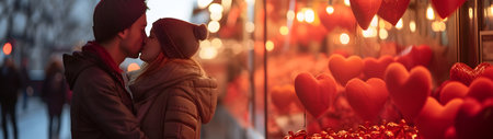 Valentine stand in the street full of red hearts with young couple in embrace in the background. Concept of Valentine's day, love, happiness, shopping and sale. Horizontal, banner.の素材