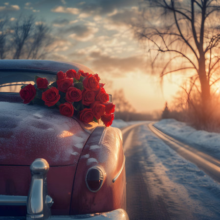 Red rose decorated vintage car in motion in a winter countryside with snow cover in sunset backlight.の素材