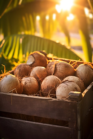 Coconuts harvested in a wooden box in a plantation with sunset. Natural organic fruit abundance. Agriculture, healthy and natural food concept. Vertical composition.の素材