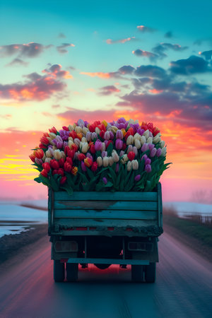 Truck car with colorful tulip flowers on the road in a winter countryside with sunset. Concept of spring coming and winter leaving.の素材