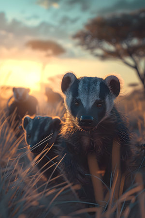 Honey badgers in the savanna in the evening with setting sun shining. Group of wild animals in nature.の素材