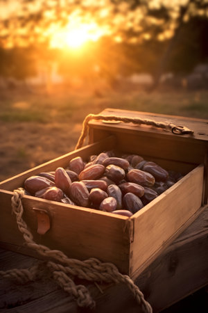 Dates harvested in a wooden box in a plantation with sunset. Natural organic fruit abundance. Agriculture, healthy and natural food concept. Vertical composition.の素材