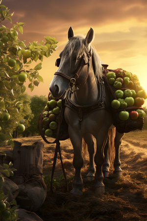 Pack horse carrying apples in an orchard with sunset. Concept of food transportation, logistics and cargo.の素材
