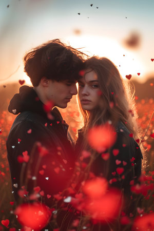 Young couple in embrace walking in a field full of red hearts. Concept of Valentine's day, love, happiness and freedom.の素材