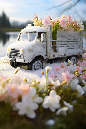 Vintage truck with spring flowers on a meadow with grass and flowers growing through the melting snow. Concept of spring coming and winter leaving.の素材