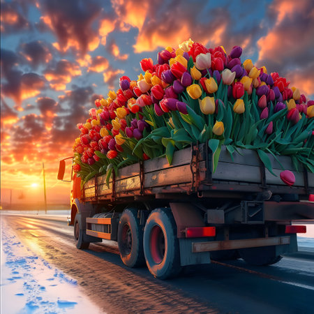Truck car with colorful tulip flowers on the road in a winter countryside with sunset. Concept of spring coming and winter leaving.の素材