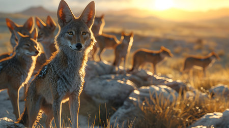 Jackal family standing in front of the camera in the rocky plains with setting sun. Group of wild animals in nature.の素材