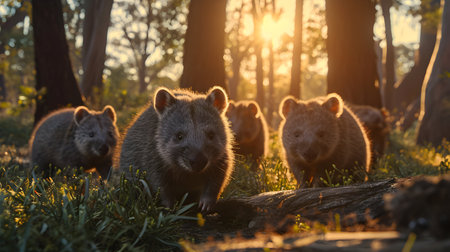 Wombat family in the forest with setting sun shining. Group of wild animals in nature.の素材