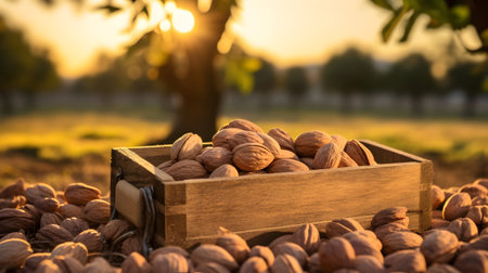 Pecan nuts harvested in a wooden box in a plantation with sunset. Natural organic fruit abundance. Agriculture, healthy and natural food concept.の素材