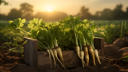 Parsley harvested in a wooden box with field and sunset in the background. Natural organic fruit abundance. Agriculture, healthy and natural food concept. Horizontal composition.の素材