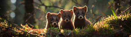 Marten family in the forest with setting sun shining. Group of wild animals in nature. Horizontal, banner.の素材