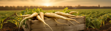 Parsnip root harvested in a wooden box with field and sunset in the background. Natural organic fruit abundance. Agriculture, healthy and natural food concept. Horizontal composition, banner.の素材