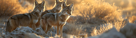 Coyot family standing in front of the camera in the rocky plains with setting sun. Group of wild animals in nature. Horizontal, banner.の素材