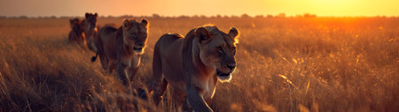 Lions standing in the savanna with setting sun shining. Group of wild animals in nature. Horizontal, banner.の素材