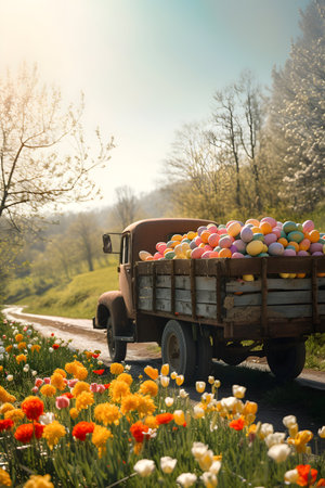 Vintage truck full of colorful Easter eggs on a meadow with grass and spring flowers. Concept of logistics, cargo and shipping.の素材