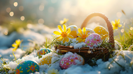 Basket full of Easter eggs and spring flowers on a meadow with the rests of the melting snow and grass growing and sun shining.の素材
