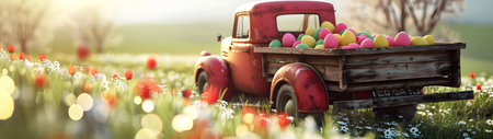 Vintage truck full of colorful Easter eggs on a meadow with grass and spring flowers. Concept of logistics, cargo and shipping. Horizontal, banner.の素材