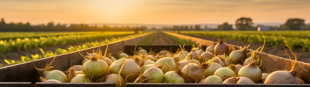 Yellow onions harvested in a wooden box with field and sunset in the background. Natural organic fruit abundance. Agriculture, healthy and natural food concept. Horizontal composition, banner.の素材