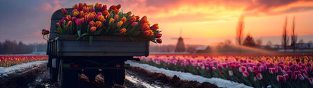 Truck car with colorful tulip flowers on the road in a winter countryside with sunset. Concept of spring coming and winter leaving. Horizontal, banner.の素材