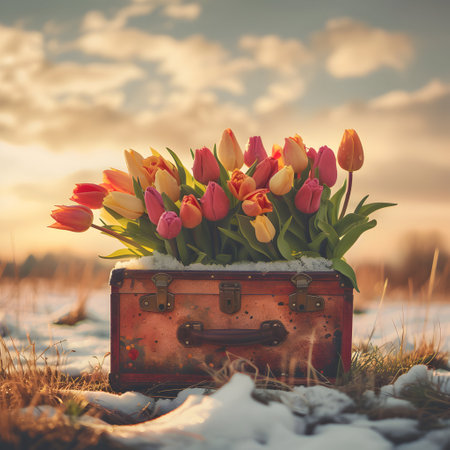 Vintage suitcase with colorful tulip flowers and blooms lying on the meadow with the rests of the melting snow and grass growing. Concept of spring coming and winter leaving.の素材