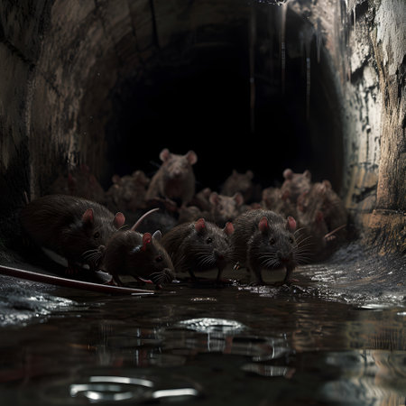 Rats looking from the tunnel of the sewers. Group of wild animals in nature.の素材